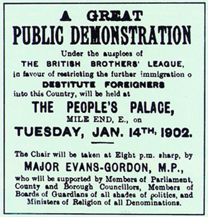 Poster for British Brothers League anti-immigration demonstration, 1902.