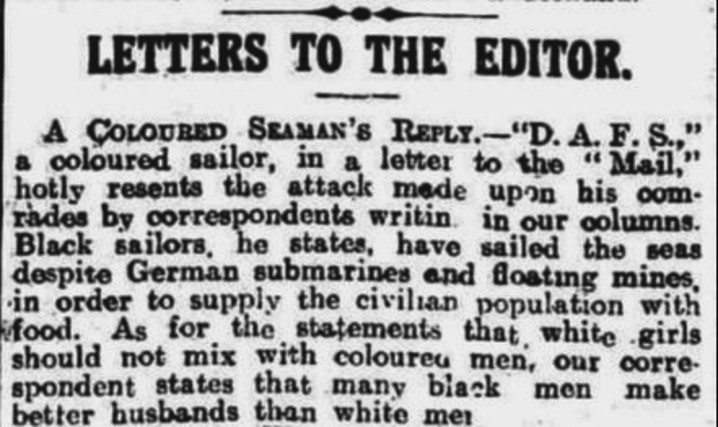 "A Coloured Seaman's Reply", published in Hull Daily Mail, March 1919.