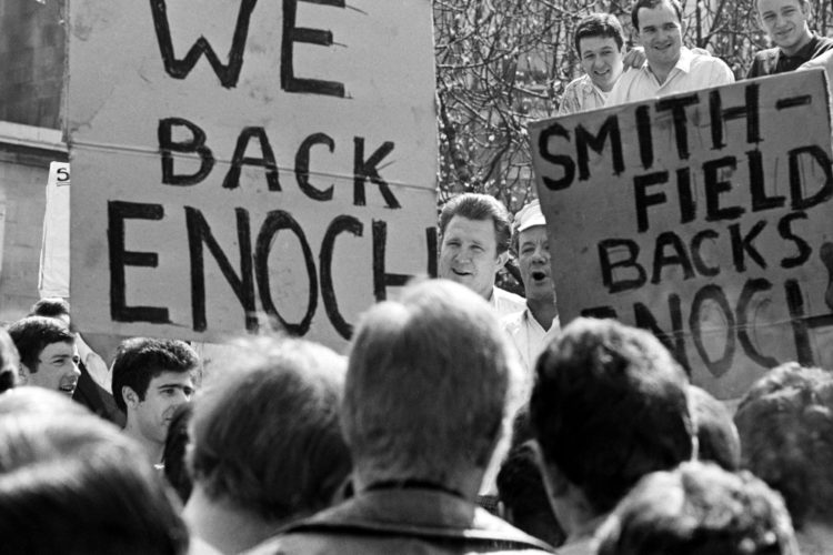 Meat porters showing support for Enoch Powell after his “Rivers of Blood” speech in 1968.